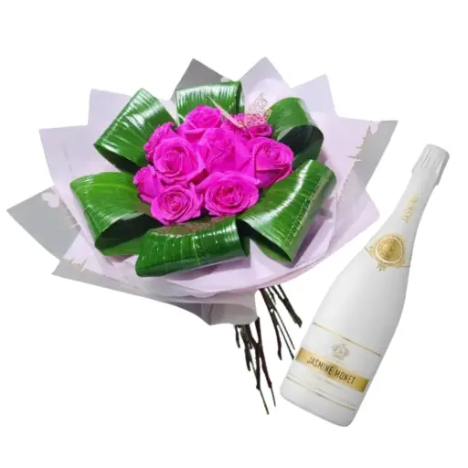 Ramo de 12 rosas fucsia con jasmine white blanc